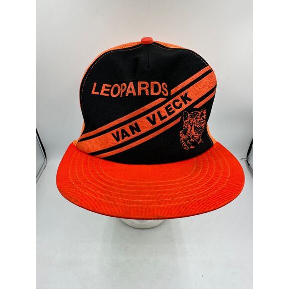 Vtg Leopards Van Vleck Snapback Mesh Trucker Hat Cap Black Orange High School - Picture 2 of 11